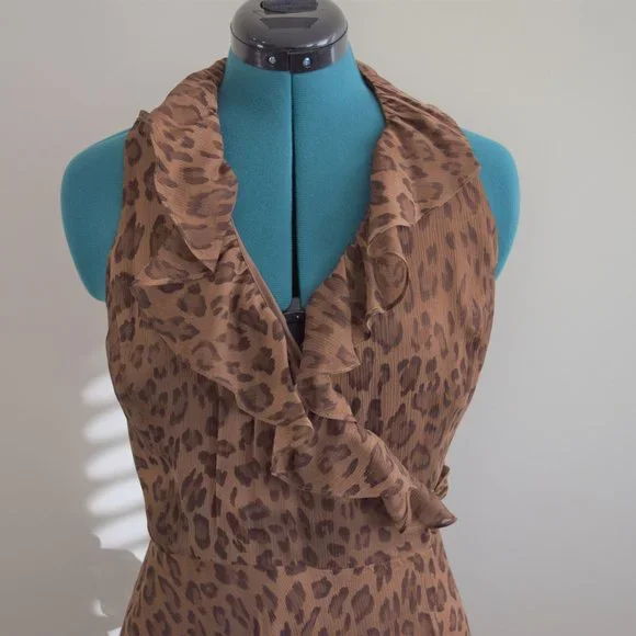 Vintage 100% Silk Ralph Lauren Leopard Print Wrap Dress Sleeveless V-Neck - Picture 2 of 8